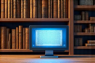Oude boeken en documenten op archiefplanken met een gedigitaliseerde opstelling