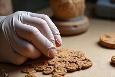 Handen van een conservator die delicaat een oud artefact onderzoekt