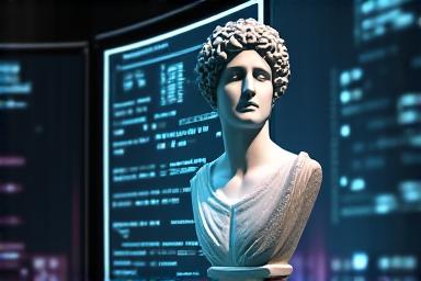 3D-model van een klassieke buste op een computerscherm, met digitale grafieken op de achtergrond