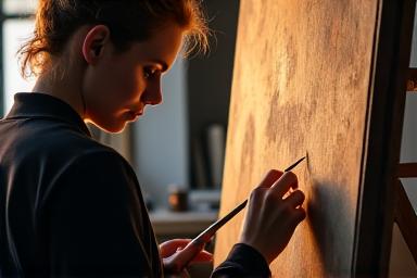 Kunstrestaurateur die voorzichtig aan een oud schilderij werkt in een studio
