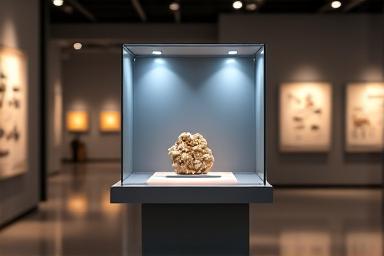 Moderne museumtentoonstelling met een artefact in een verlichte vitrine