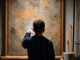 Kunstrestaurateur die werkt aan een historisch schilderij in een atelier